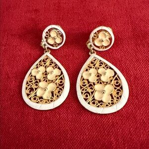Vintage Gold and White Floral Filagree Dangle Earrings